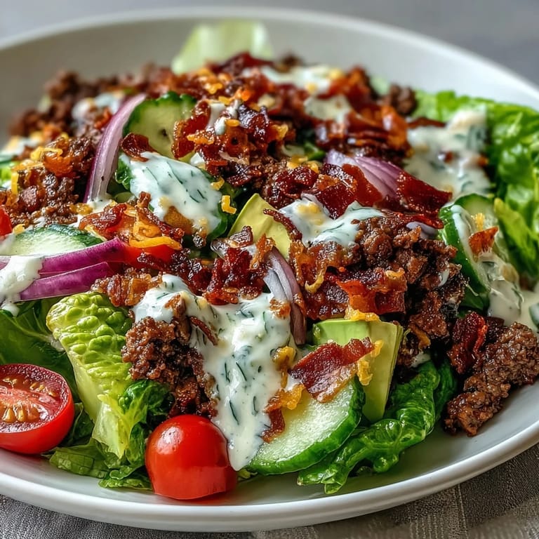 Freshly prepared Keto Bacon Cheeseburger Salad topped with creamy avocado and tangy pickles.