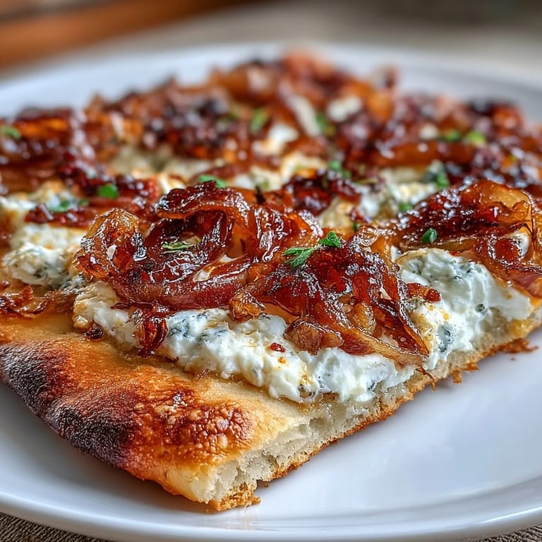 This golden flatbread features creamy goat cheese, rich caramelized onions, and a hint of honey and chili for a deliciously balanced vegetarian dish.