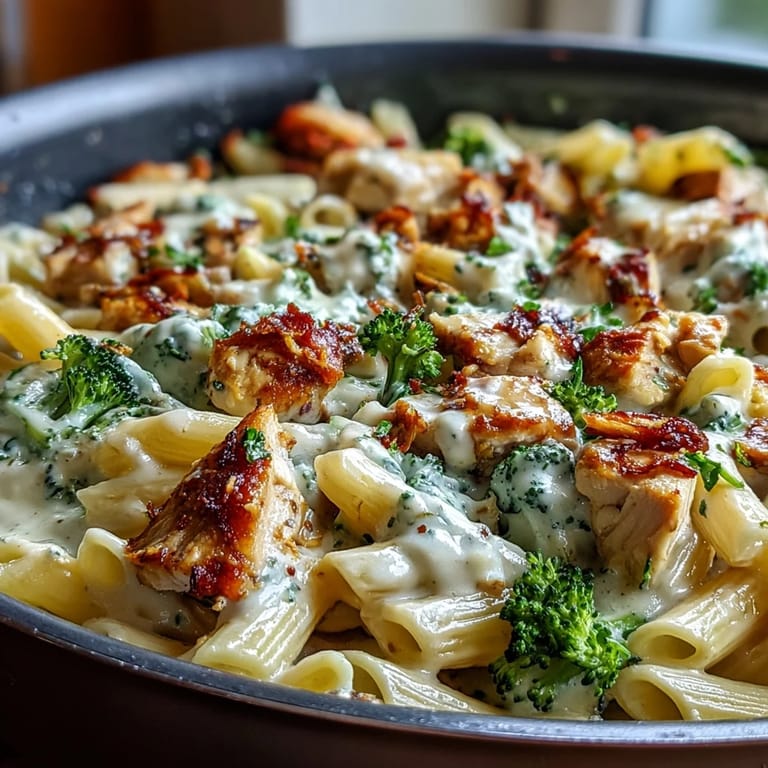 Garlic Parmesan Chicken Broccoli Pasta with penne, golden chicken, and fresh broccoli simmered in a luscious garlic cream sauce, perfect for quick family dinners.