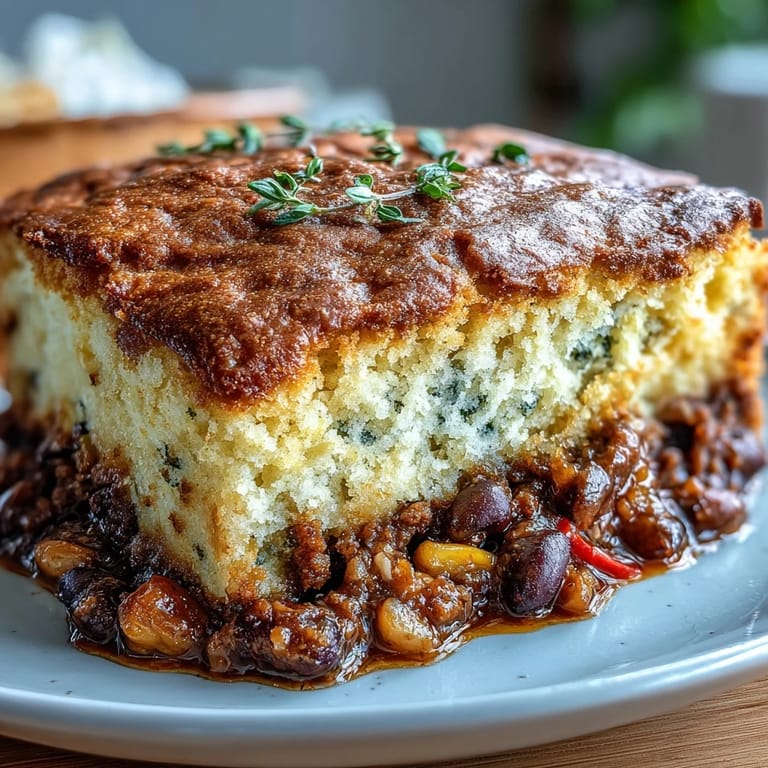Hearty vegan taco pot pie with seasoned black beans, corn, and bell peppers, topped with fluffy cornbread crust and baked to perfection.