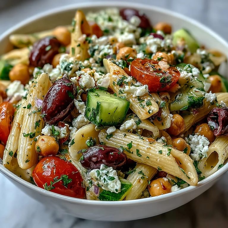 Colorful Mediterranean pasta salad with chickpeas, feta, and fresh vegetables, perfect for a light summer lunch.  