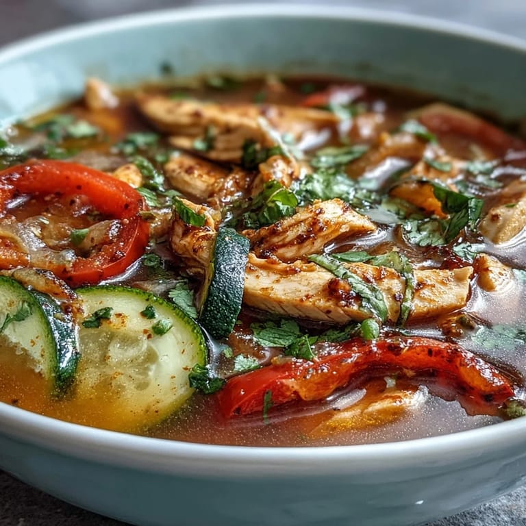 Aromatic Skinny One-Pot Chicken Fajita Soup filled with juicy chicken, crisp bell peppers, and fresh zucchini, seasoned with smoky fajita spices.  