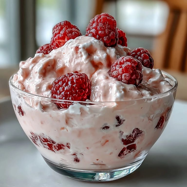 Refreshing cottage cheese raspberry mousse, naturally sweetened and garnished with juicy fresh berries.