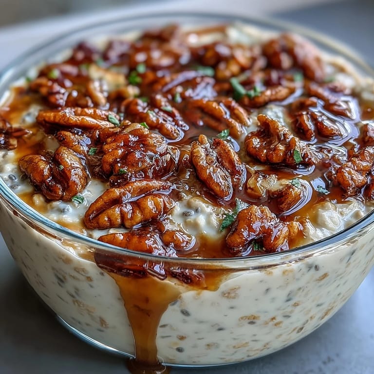 Layered overnight oats topped with golden caramelized pecans and a rich maple syrup drizzle, offering a delightful blend of textures and flavors.