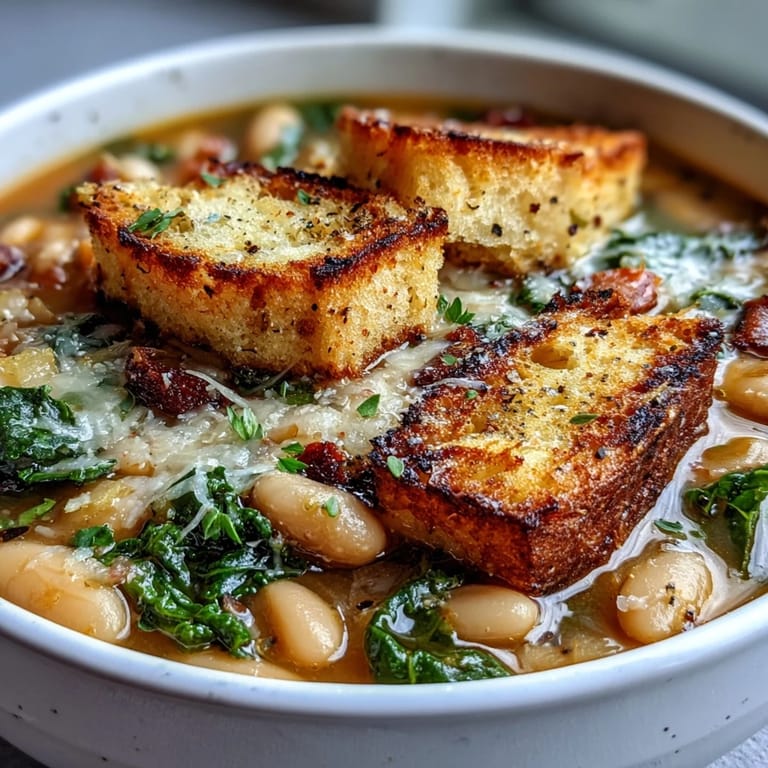 Rustic Italian Ribollita soup featuring tender white beans, vegetables, and golden sourdough croutons for a comforting meal.