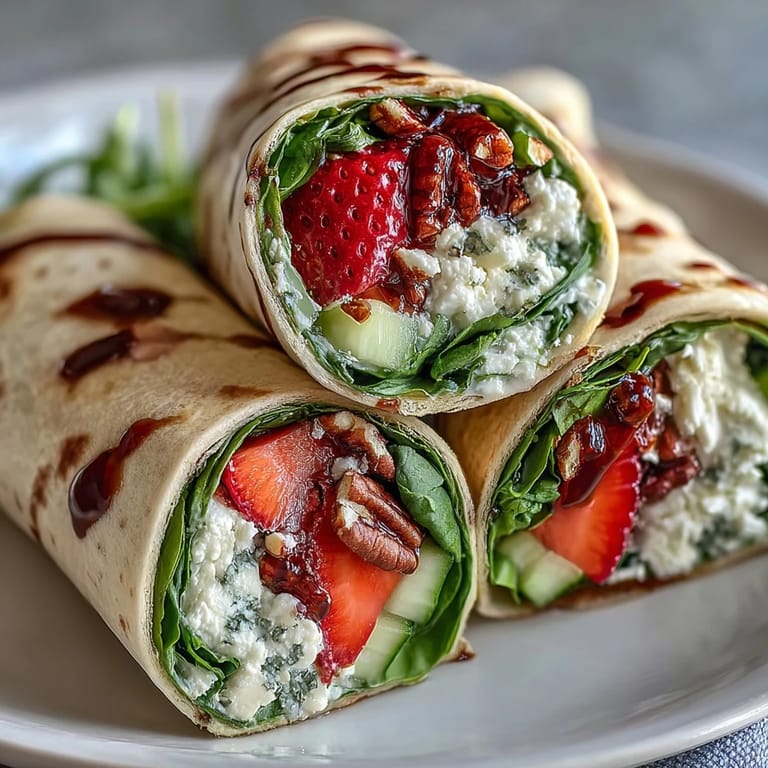 Vibrant vegetarian wraps filled with sweet strawberries, tender spinach, tangy goat cheese, and crunchy pecans.  