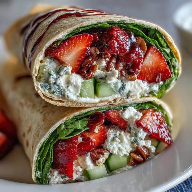 Light and refreshing strawberry spinach wraps drizzled with balsamic glaze, perfect for a quick lunch or picnic.