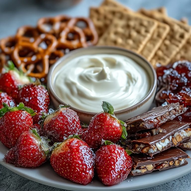 A Galentines strawberry snack board featuring fresh fruit, crunchy pretzels, and a luscious yogurt dip for sharing with friends.