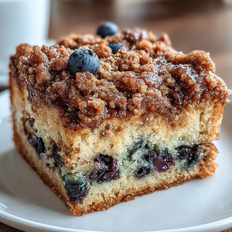Delicious lemon blueberry sourdough coffee cake squares served on a plate, showcasing moist crumb and golden streusel topping.