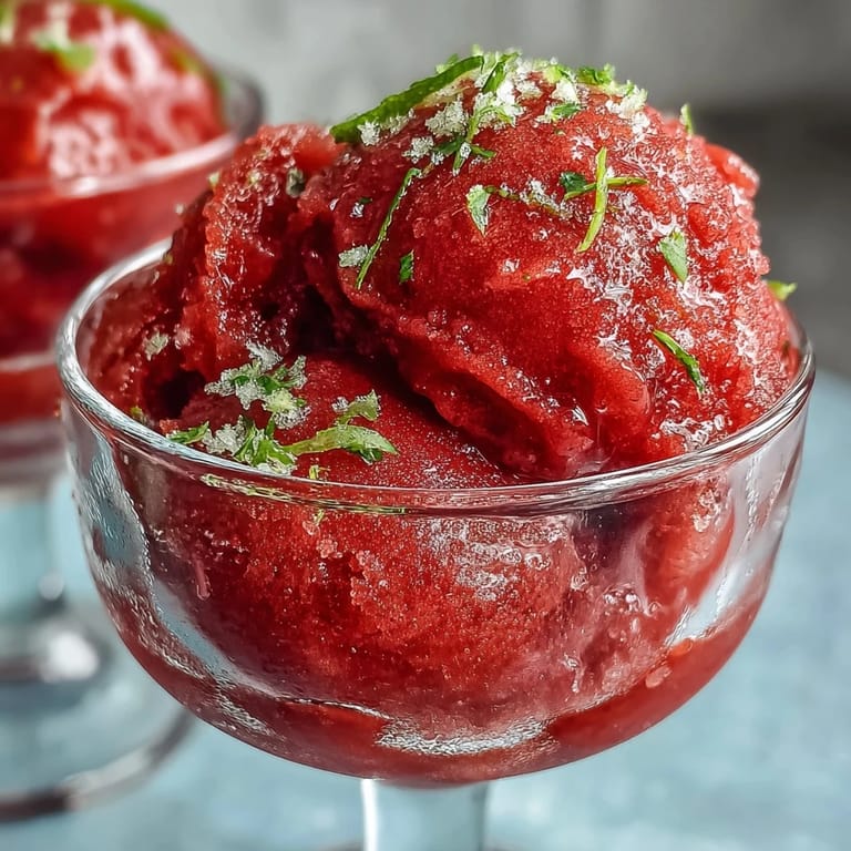Bright and zesty strawberry daiquiri sorbet, made with fresh strawberries, lime juice, and a hint of rum, served in chilled glasses with lime garnish.
