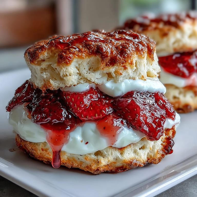 Buttery strawberry scones stacked with sweet macerated berries and luscious vanilla yogurt cream, perfect for summer gatherings.  