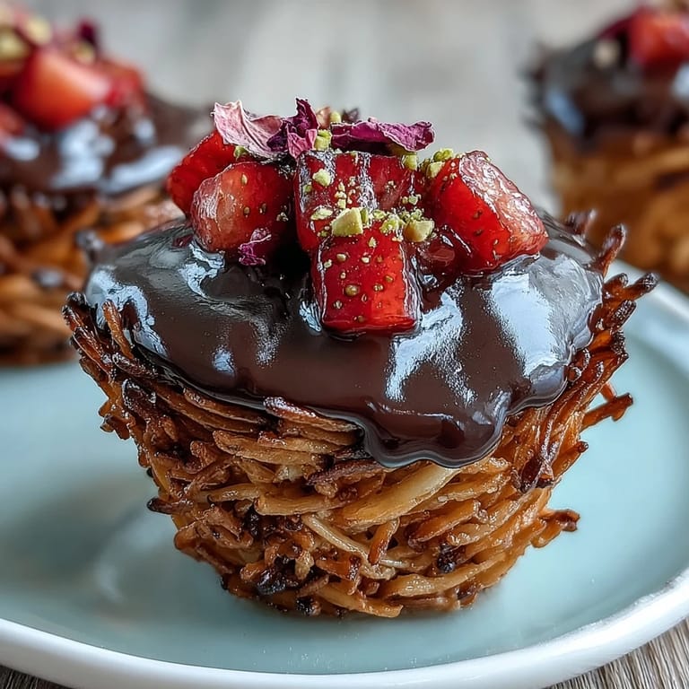 Crispy kataifi cups layered with luscious strawberries, dark chocolate ganache, and fragrant rose syrup, garnished with chopped pistachios for a Middle Eastern-inspired dessert.