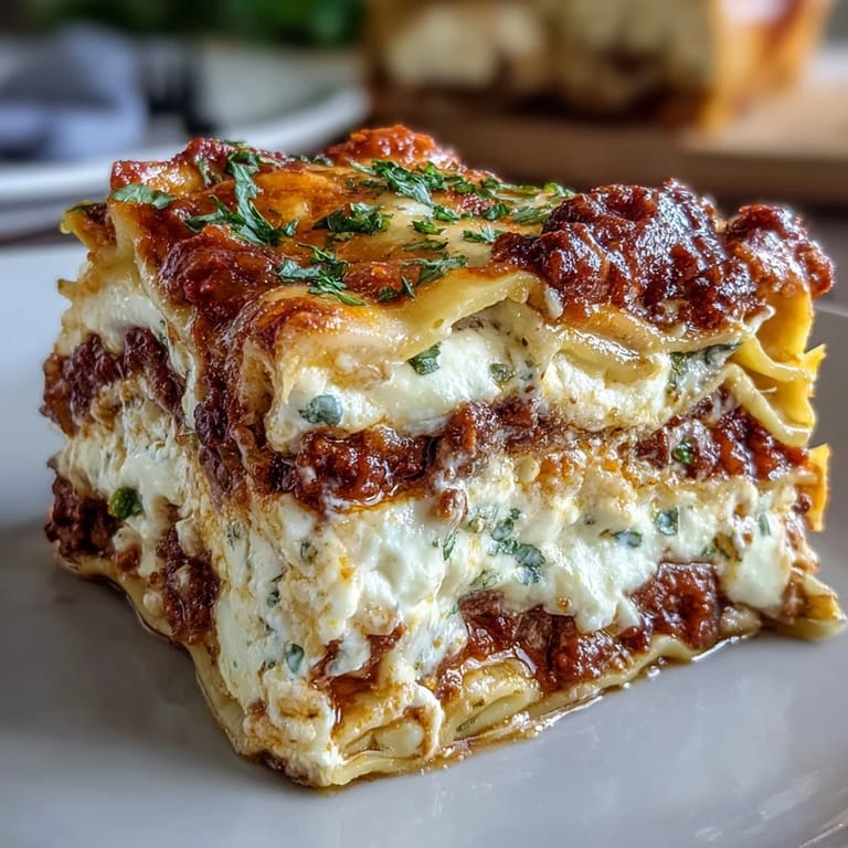 A classic Ultimate Comfort Food Lasagna with Ricotta, layered with hearty meat sauce, tender noodles, and melted cheese, perfect for family dinners.