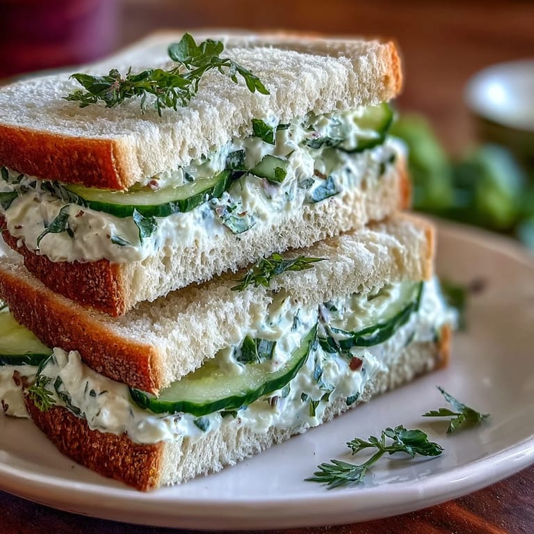 Chilled Benedictine cucumber sandwiches garnished with dill, offering a refreshing vegetarian bite perfect for elegant gatherings or race day.