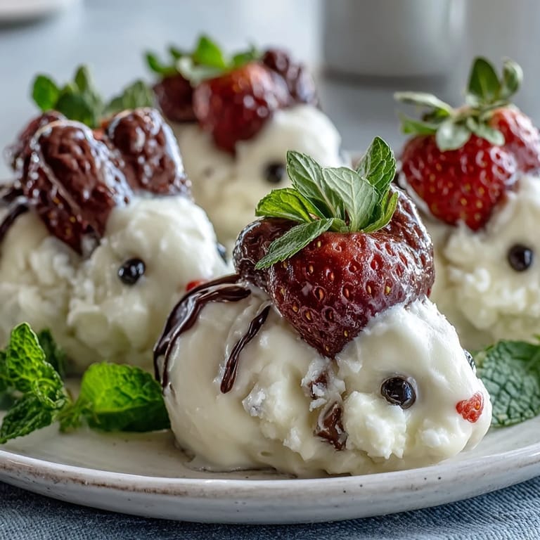 Charming Easter dessert featuring strawberries coated in white chocolate and decorated with bunny ears and eyes.