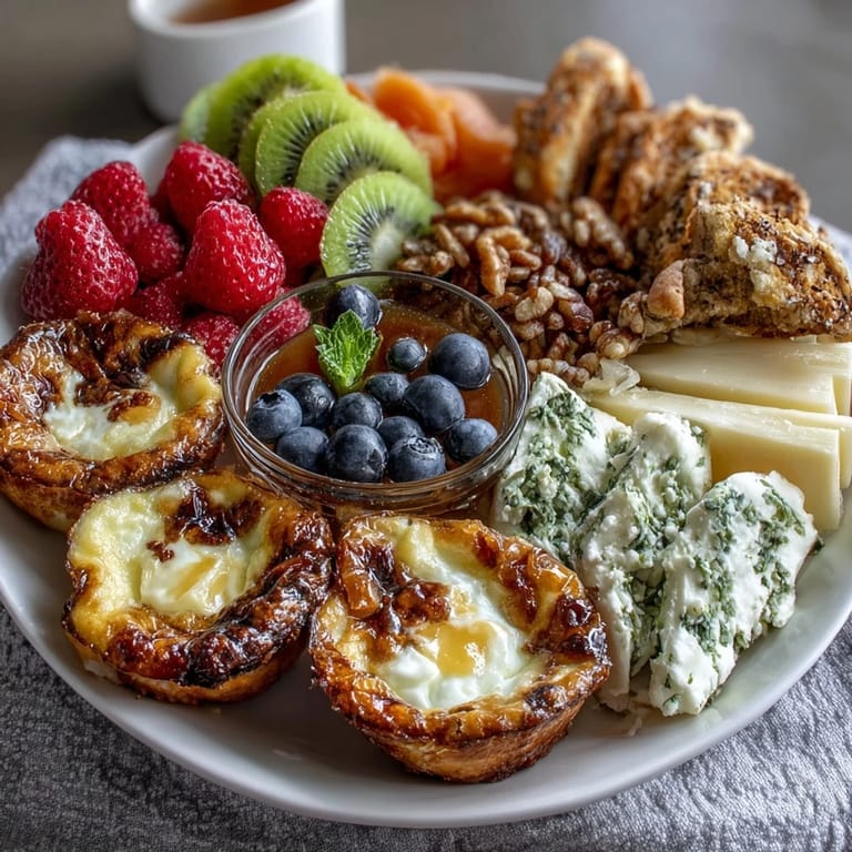 Elegant Mother's Day brunch spread featuring savory mini quiches, colorful fruit, and assorted cheeses on a large board.  
