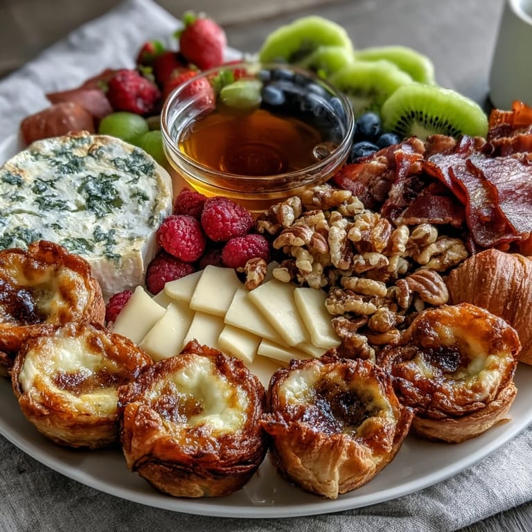 Mother's Day brunch board with mini quiches, vibrant fruit, nuts, and pastries — perfect for a festive celebration.