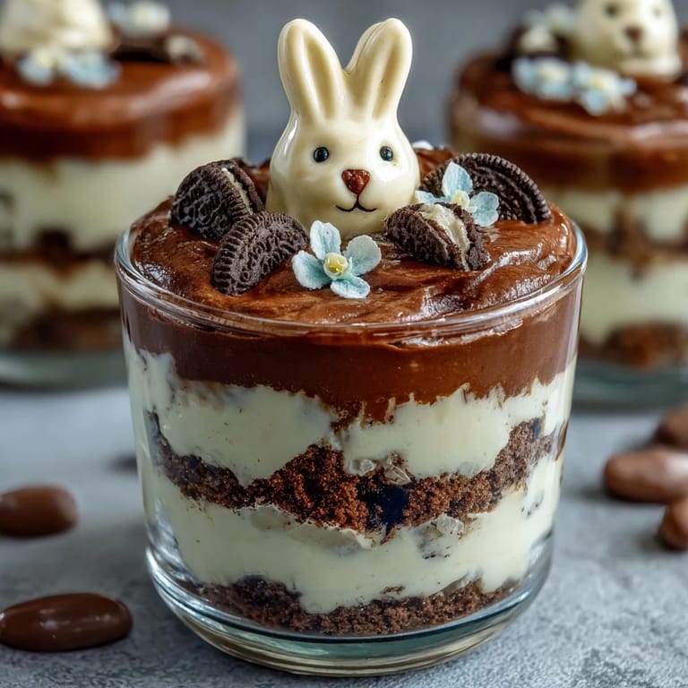 Whimsical Easter dessert featuring chocolate pudding, Oreo dirt, and bunny candies in clear cups, perfect for spring parties and kids' celebrations.
