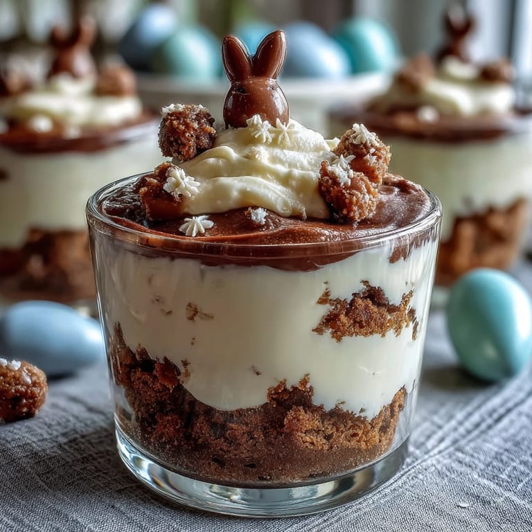 Festive no-bake treat with rich chocolate pudding, crushed Oreos, whipped topping, and Easter bunny decorations, ideal for family gatherings.