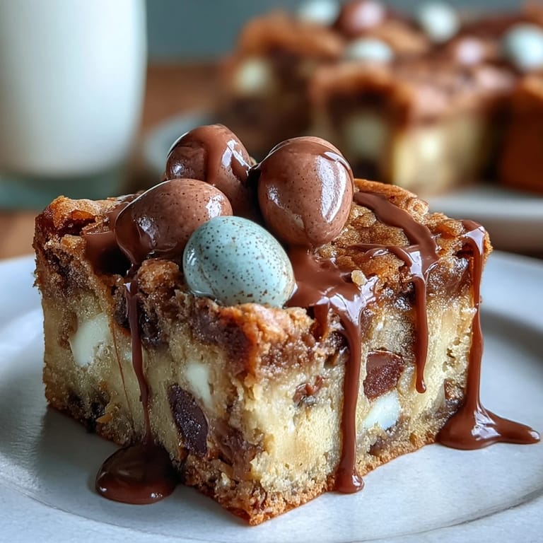 Cadbury Egg Blondies with White Chocolate Drizzle are golden and chewy, bursting with colorful Mini Eggs and a glossy white chocolate finish.