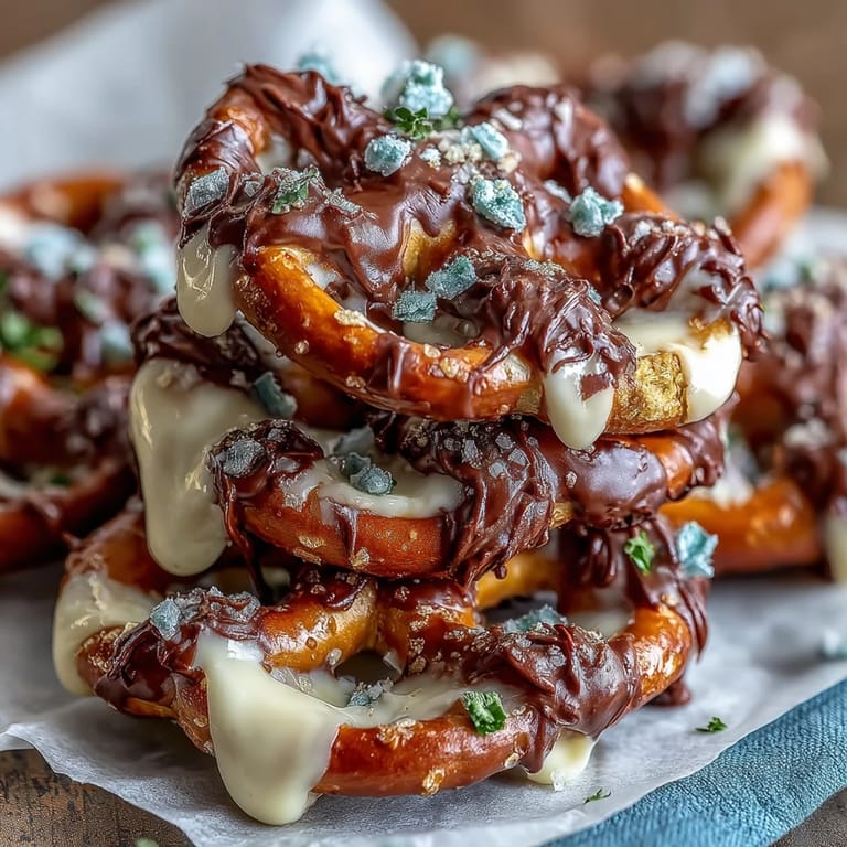 Bite-sized pretzel shamrocks coated in smooth white chocolate and decorated with vibrant green sugar sprinkles.