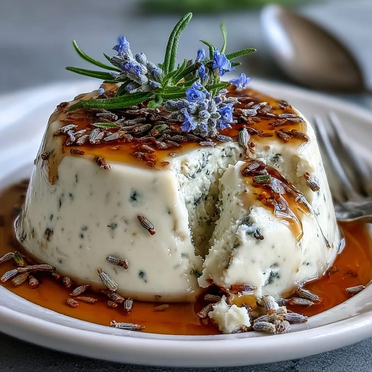 Creamy panna cotta infused with honey and lavender, drizzled with extra honey and garnished with edible flowers for a spring dessert.