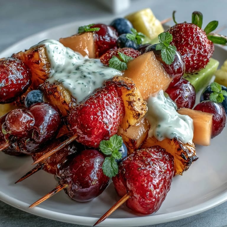 Vibrant fruit skewers arranged in rainbow order, featuring fresh strawberries, melon, and blueberries, paired with a luscious honey-vanilla yogurt dip.