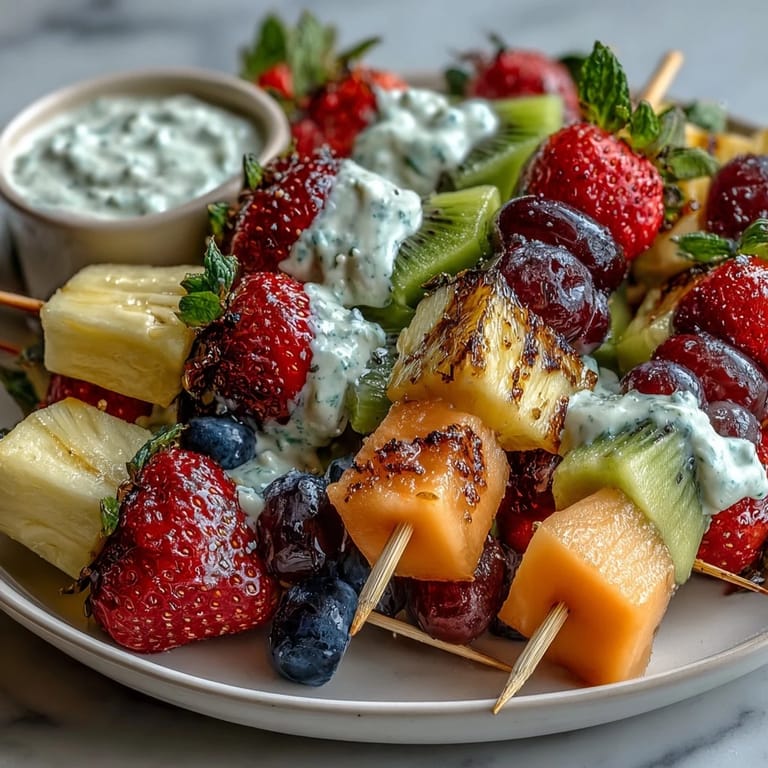Bright, juicy fruit kabobs in rainbow hues, served alongside a smooth honey-lemon yogurt dip, perfect for summer parties or light desserts.