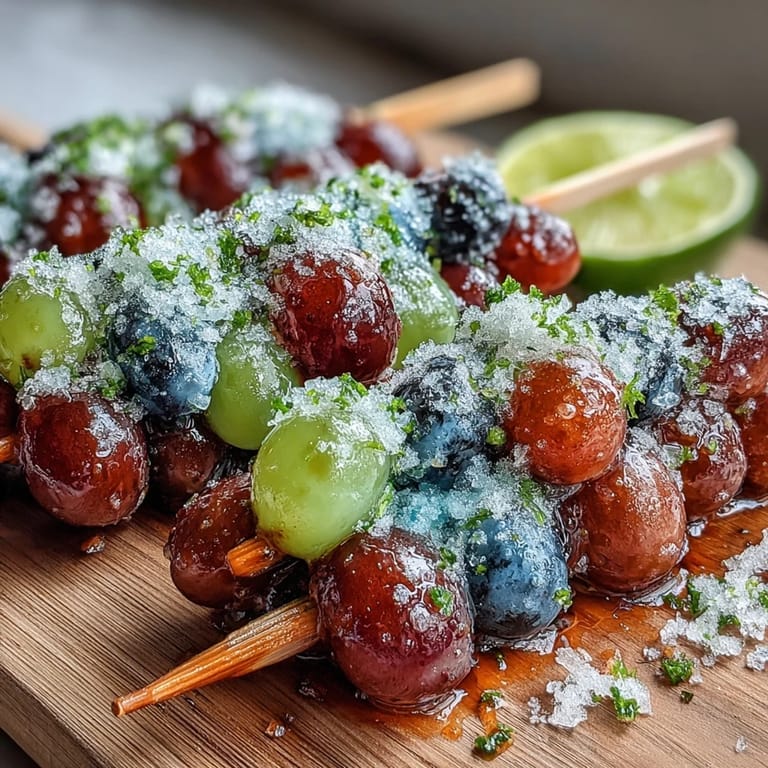 Colorful frozen grape skewers with a sparkling lime sugar coating, ideal for hot-weather entertaining.