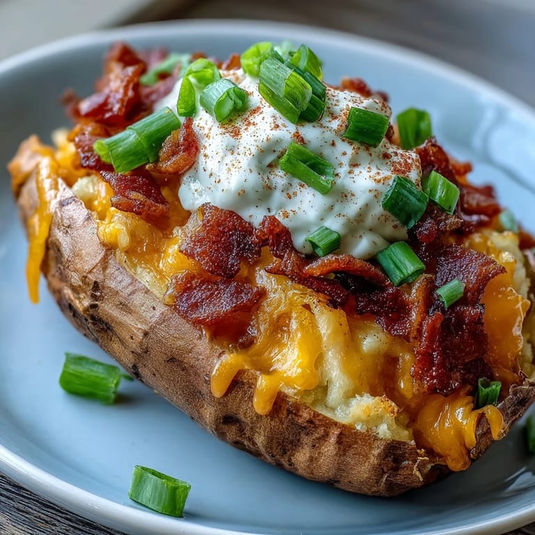 Golden-baked sweet potato skins stuffed with sharp cheddar, crumbled bacon, and fresh green onions, perfect for sharing.  