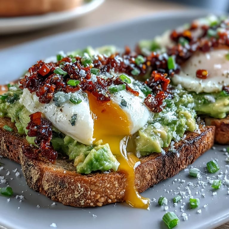Ripe avocado spread on crisp bread, crowned with a tender poached egg and a vibrant splash of chili crisp for a flavorful start to the day.