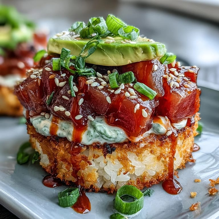 Golden, crispy rice squares crowned with bold, spicy tuna mixture—an irresistible Japanese-inspired appetizer bursting with texture and flavor.