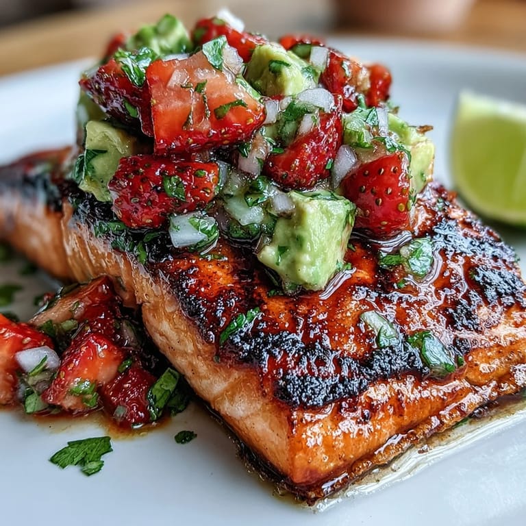 Enjoy tender grilled salmon adorned with sweet and creamy strawberry avocado salsa.
