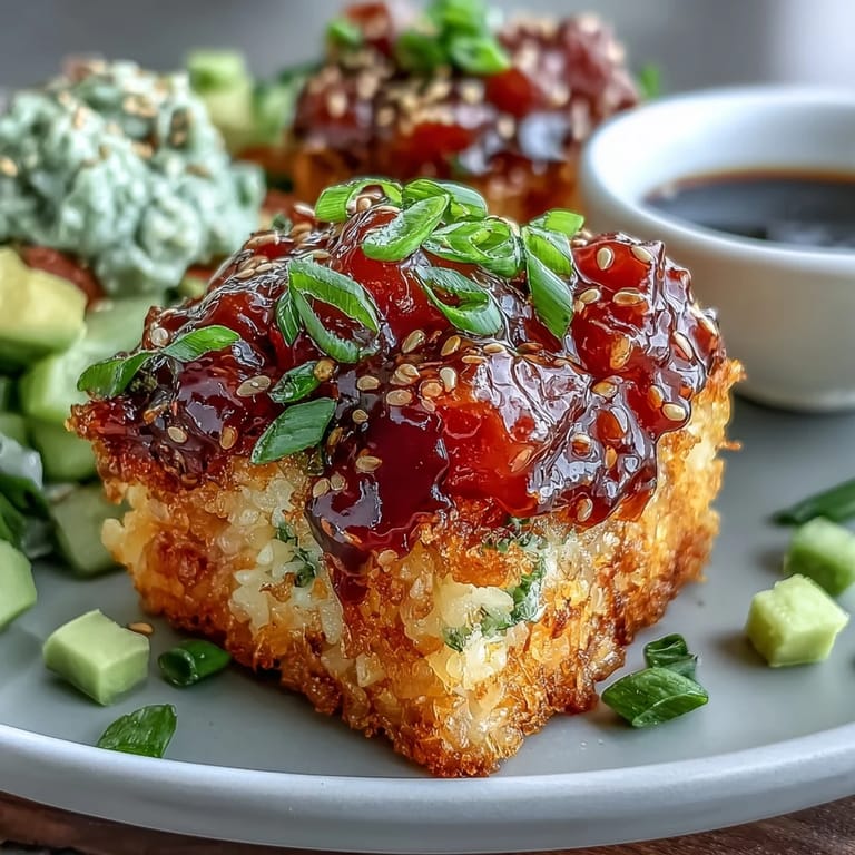 Savor this Crispy Rice Salad with Avocado, featuring spicy tuna and a zesty dressing.