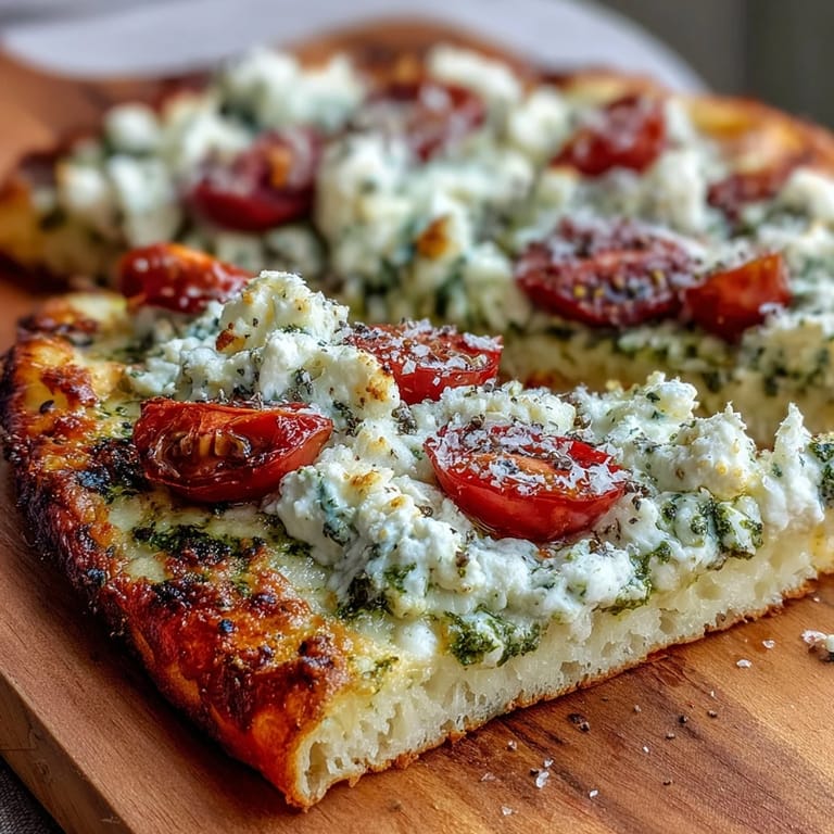 Taste this easy viral cottage cheese flatbread with creamy pesto and sweet, fresh cherry tomatoes.