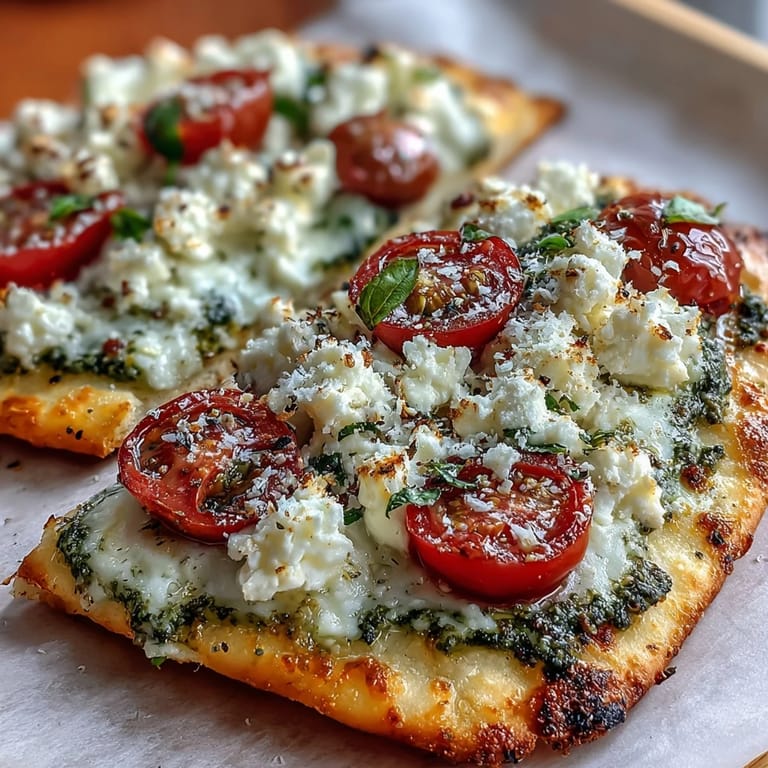 A golden baked viral cottage cheese flatbread spread with fresh pesto and juicy red tomatoes.