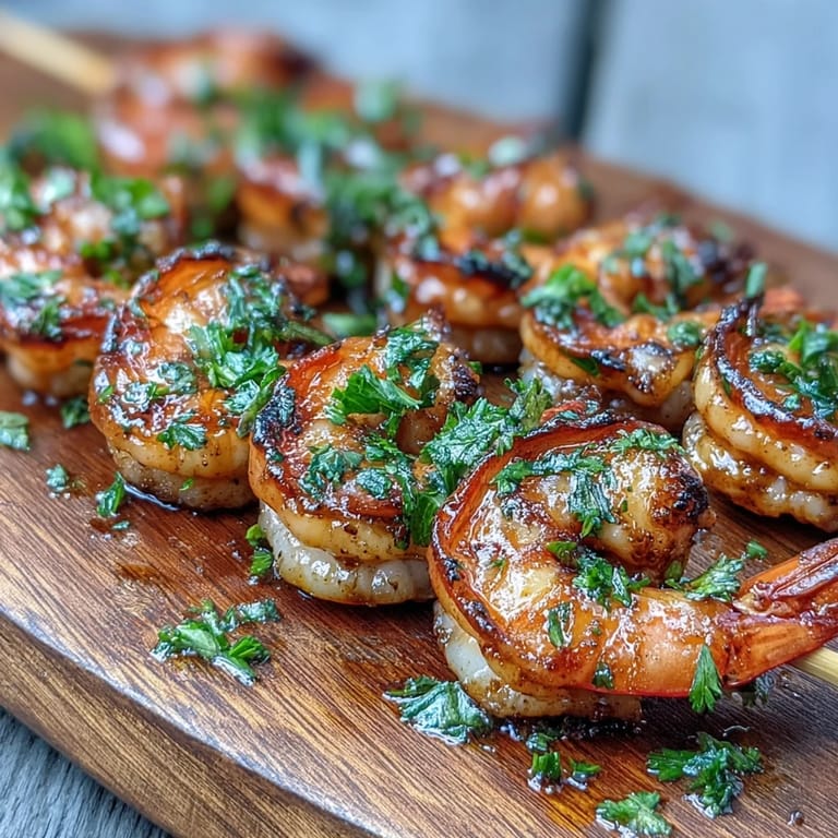 Appetizing honey garlic shrimp skewers, perfectly charred, with fresh parsley and lemon wedges.