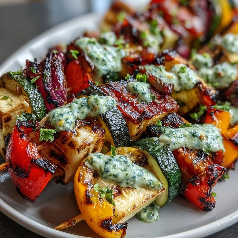 Bright, juicy grilled veggie kabobs piled high, drizzled generously with herb sauce.