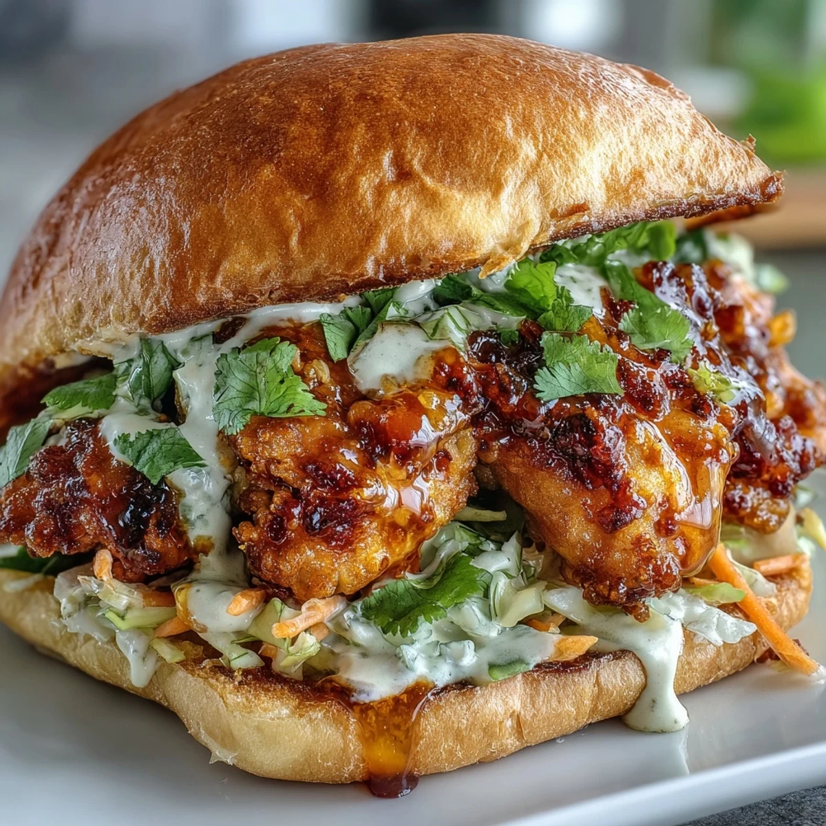 Crispy Thai Fried Chicken Sandwich on a toasted brioche bun, layered with pickled carrots and fresh cilantro.