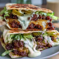 Crispy smash burger tacos loaded with melted cheese, fresh lettuce, pickles, and tangy burger sauce on warm flour tortillas.
