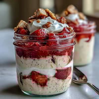 Creamy overnight oats with fresh strawberries and vanilla, layered like classic strawberry shortcake for a wholesome, make-ahead breakfast treat.