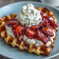 Golden heart-shaped waffles topped with a smooth cottage cheese whip and fresh sliced strawberries, perfect for a wholesome breakfast or brunch.