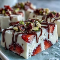 Festive Valentine strawberry yogurt bark with pistachios, creamy yogurt topped with fresh strawberries and crunchy nuts.