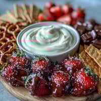 A vibrant Galentines snack board with juicy strawberries, creamy yogurt dip, and a mix of sweet and savory dippers.  