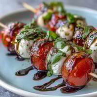Picnic Caprese Skewers with Balsamic Drizzle: Colorful skewers of cherry tomatoes, mozzarella, and basil, drizzled with sweet-tangy balsamic reduction for a fresh appetizer.