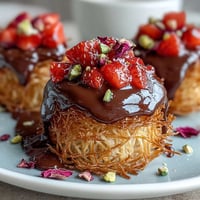 Dubai-Style Strawberry Cups with Kataifi and Dark Chocolate: golden kataifi pastry nests filled with juicy strawberries and rich dark chocolate ganache, topped with pistachios and rose petals.