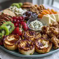 Festive Mothers Day brunch board with mini quiches, fresh fruit, cheeses, and pastries arranged beautifully.  