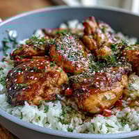 Pineapple Chicken and Rice Bake with Teriyaki Glaze in a baking dish, golden chicken over fluffy rice with juicy pineapple chunks.