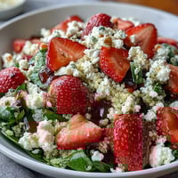 Strawberry Feta Quinoa Salad with juicy strawberries, creamy feta, and a tangy balsamic dressing in a colorful, healthy bowl.