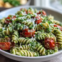 Fresh summer pasta salad with pesto and cherry tomatoes, bursting with basil aroma and vibrant colors for a perfect picnic side dish.  